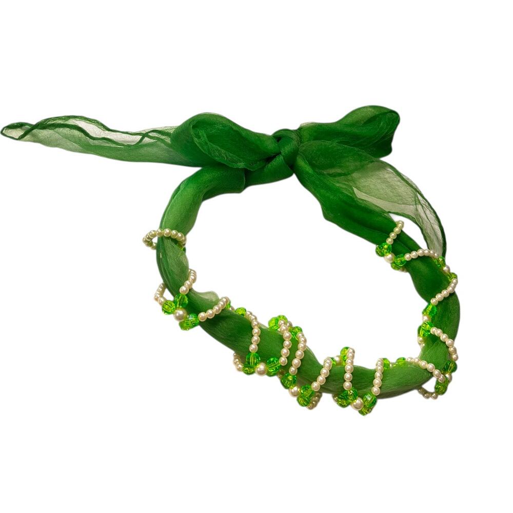 Vintage 1960s? Womens Headband Green Beaded Sheer White Coquette Girl Spring